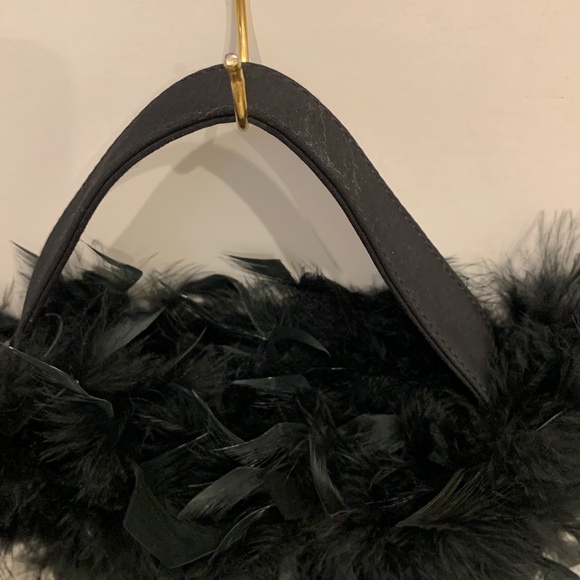 J Renee Black Genuine Ostrich Feather Fun Fringe Plume Purse Bag Black Gold HW - Picture 2 of 7